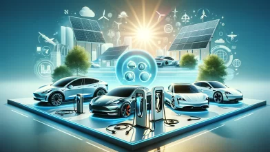 A bright and informative featured image showing a collection of electric cars in a futuristic setting. Include popular models like Tesla Model 3, Ford