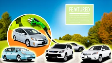 A bright and informative featured image showing different types of hybrid cars in an eco-friendly setting. Include popular models like Toyota Prius, F